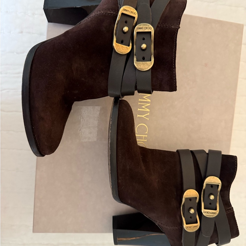 Jimmy Choo Dark Brown Ankle Boots with Gold Accents